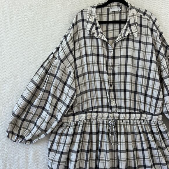 Asos Curve Flannel Check Button Down Open Back Balloon Sleeve Skater Dress Sz 24 - Picture 3 of 13